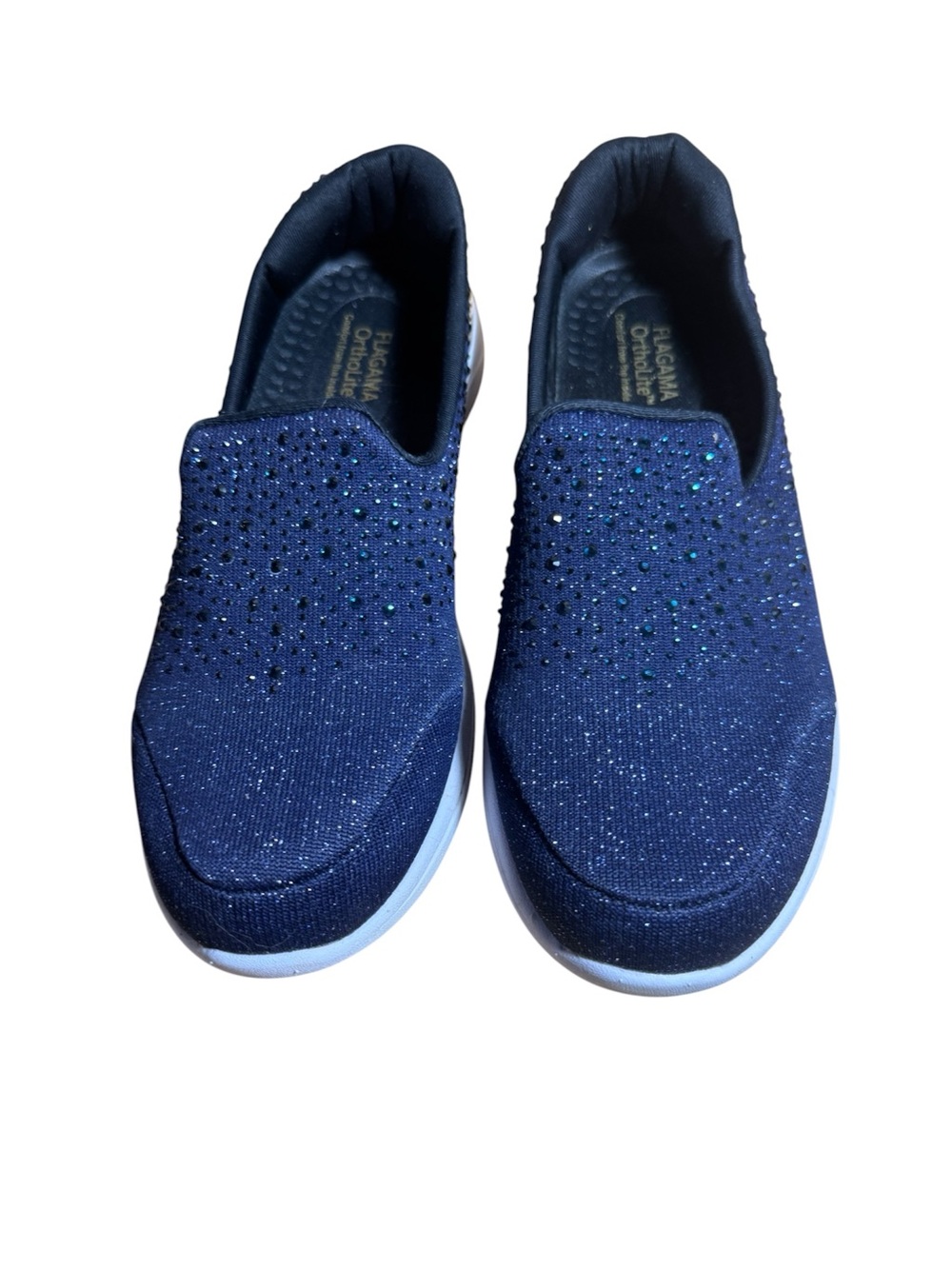 Flagama Womens Slip-On Sneakers Sz 41/10 Navy Rhinestone Glitter Comfort Shoes